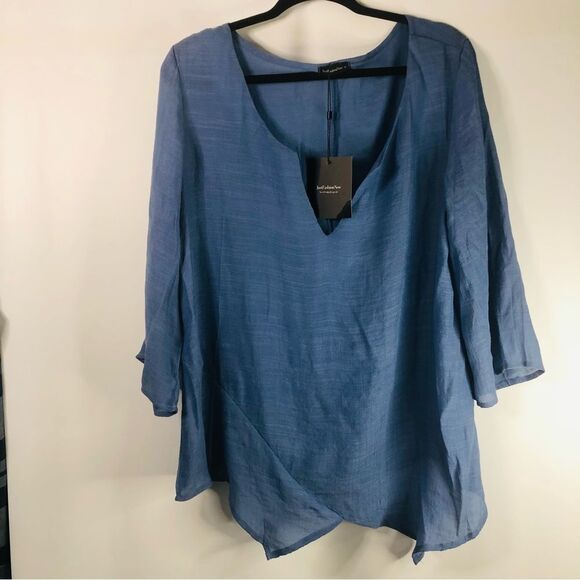 Tunic 3/4 Sleeve Blue M shark bite Loose Fit - Picture 1 of 10
